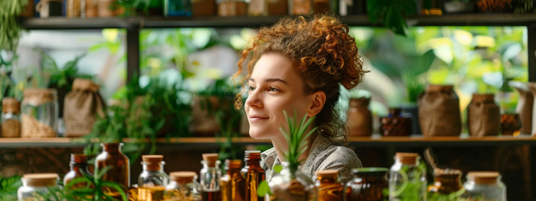 Healthy Hair Tips: The Best Essential Oils for Long, Vibrant Hair 4 a woman with shiny, vibrant hair surrounded by bottles of essential oils and jars of natural ingredients, crafting diy treatments for hair enhancement.