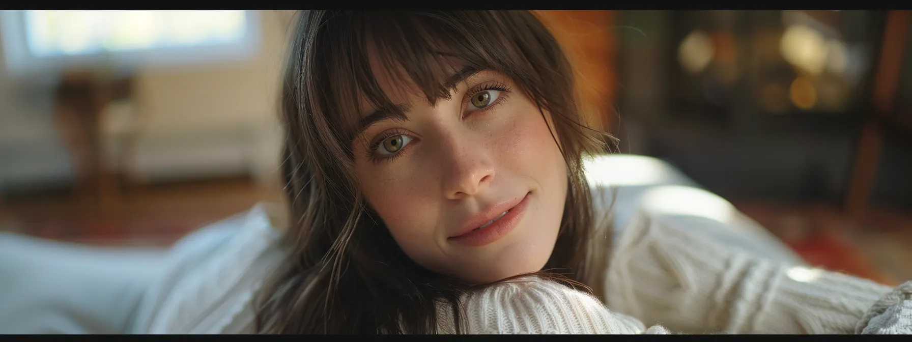 How to Trim Bangs at Home With Expert Precision 5 Create an image of a beautiful woman with medium length hair and bangs. The background should be a home environment with soft lighting. The background should be slightly out of focus and the main focus should be on the woman as she's looking at the camera.