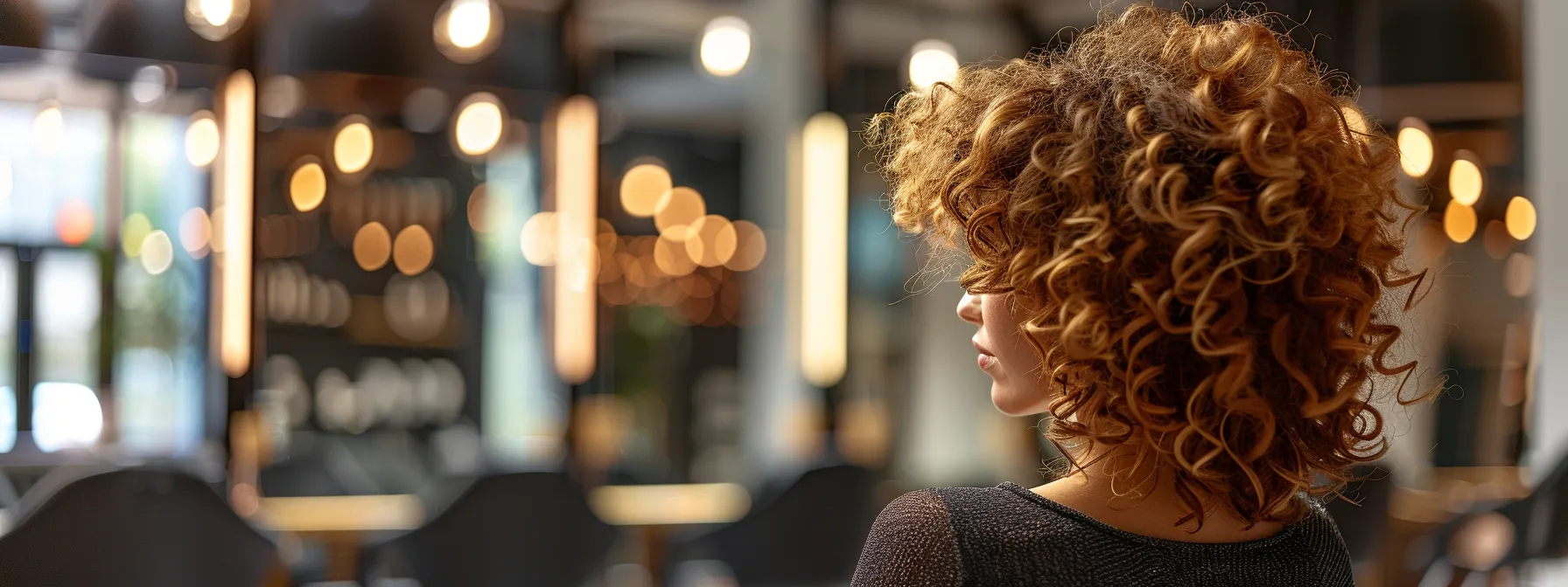 Unlocking the Best Haircuts for Curly Hair: A Guide to Perfect Curls 4 Create an image of a woman with vibrant, shoulder-length curly hair sitting in a salon chair. Her hair is richly textured and appears freshly styled. The background of the beauty salon is softly blurred, highlighting a modern and elegant interior with sleek furniture and ambient lighting. The scene conveys a relaxed and friendly atmosphere.