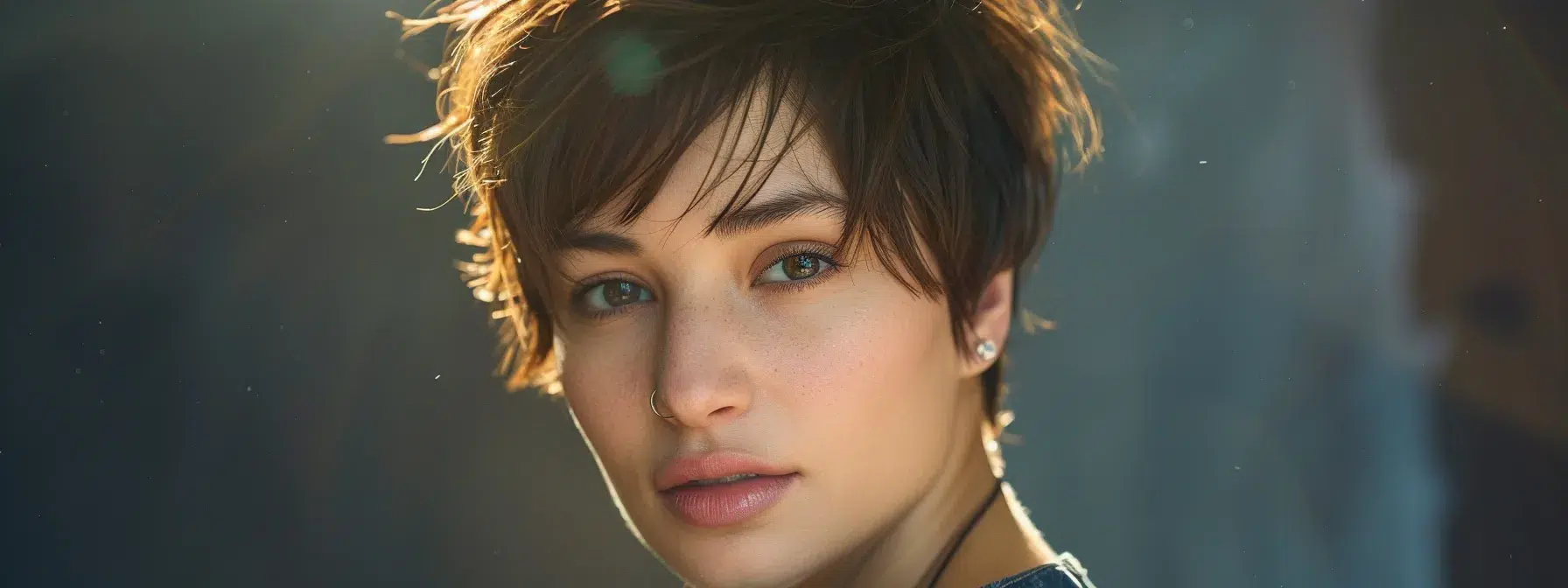 Layered Pixie Cut Examples & Styling Tips 4 a radiant woman with a layered pixie cut, effortlessly styled with texture and accessorized for day-to-night versatility.