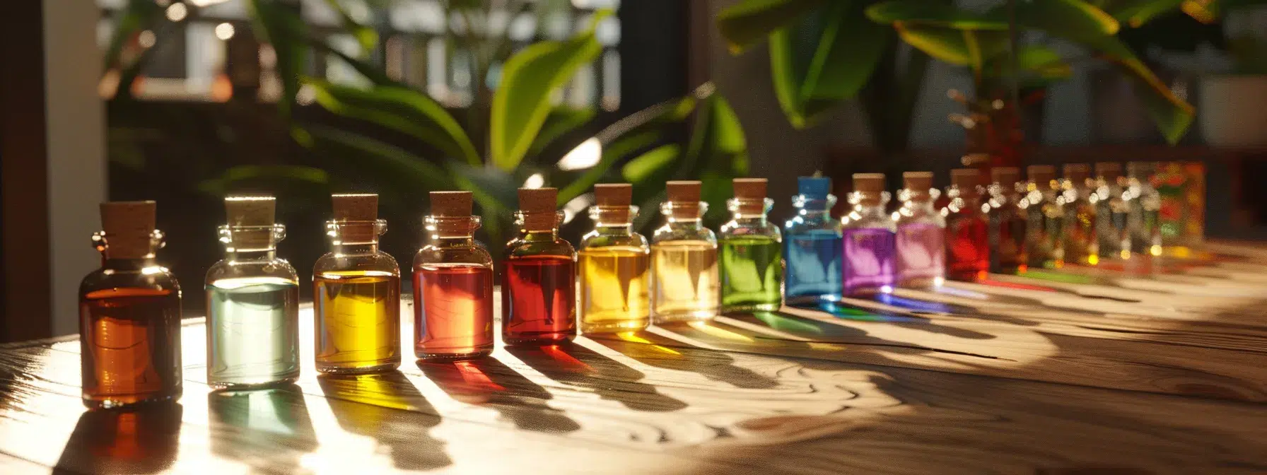 Healthy Hair Tips: The Best Essential Oils for Long, Vibrant Hair 1 a vibrant assortment of essential oils bottles casting a rainbow of colors on a sunlit table.