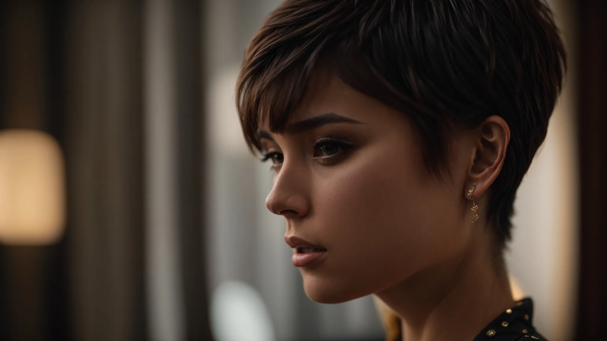 Layered Pixie Cut Examples & Styling Tips 2 a model with a heart-shaped face showcasing a shag-inspired layered pixie cut, framing her forehead beautifully.