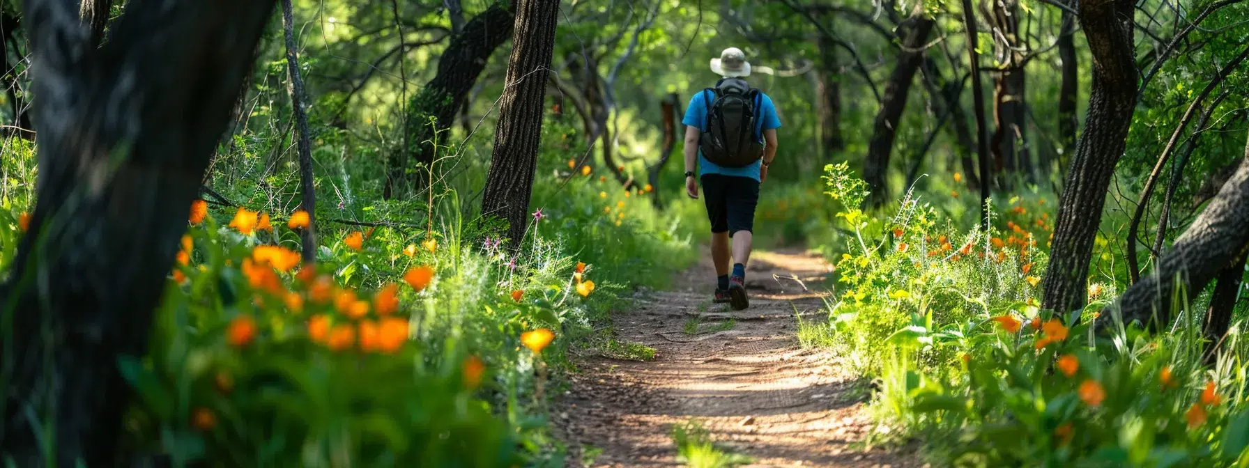 Unveiling Secret Hiking Trails in North Dallas 6 a hiker traversing a lush, secluded trail in north dallas, surrounded by towering trees and vibrant wildflowers.