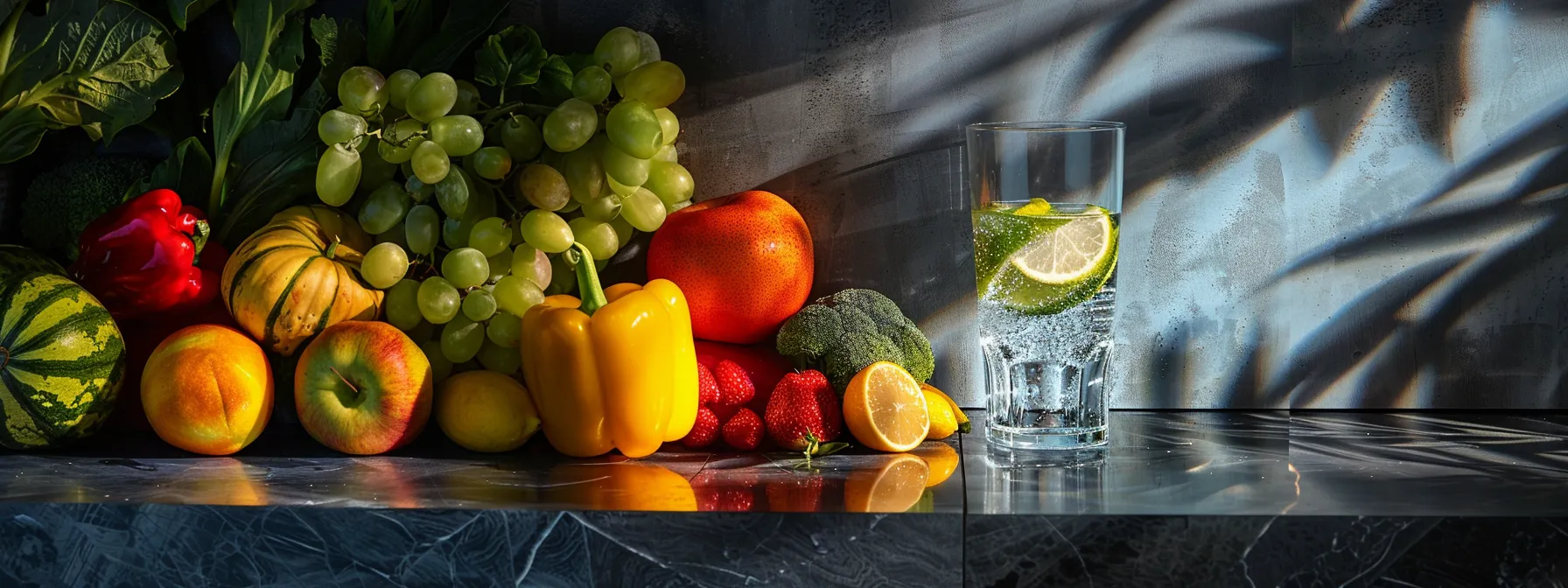 How to Prevent Split Ends in Long Hair Without Sacrificing Length 6 a vibrant array of fresh fruits and vegetables, rich in essential nutrients, displayed next to a glass of water, showcasing the key elements for enhancing hair strength through nutrition.