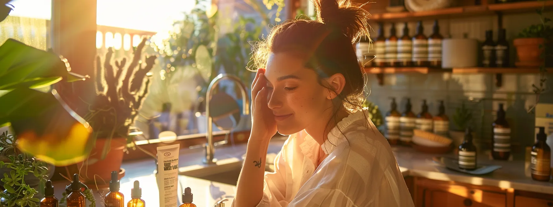 Healthy Hair Tips: The Best Essential Oils for Long, Vibrant Hair 3 a woman gently massaging essential oils into her luscious, shiny hair, surrounded by bottles of various oils and hair care products on a sunny bathroom counter.