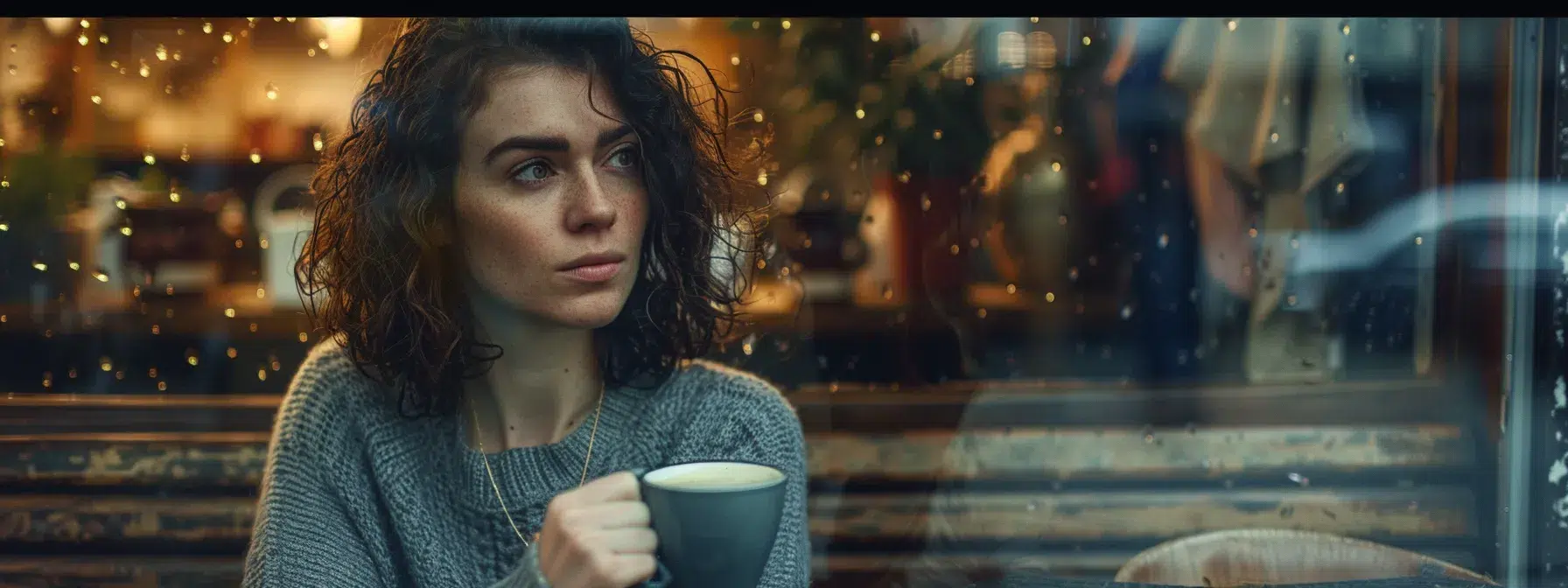 Unlocking the Best Haircuts for Curly Hair: A Guide to Perfect Curls 2 Create an image of a sophisticated woman with shoulder-length curly hair. She is sitting in a cozy, dimly-lit coffee shop, holding a steaming cup of coffee. Her hair is dark brown, and she has a contemplative expression as she looks out of a rain-speckled window beside her. She wears a soft gray sweater and thin gold chain necklace. The coffee shop has a rustic charm, with wood paneling and vintage decor visible in the softly blurred background.