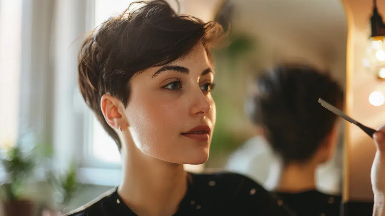 Layered Pixie Cut Examples & Styling Tips 5 a woman confidently trimming her layered pixie cut in front of a well-lit mirror at home.
