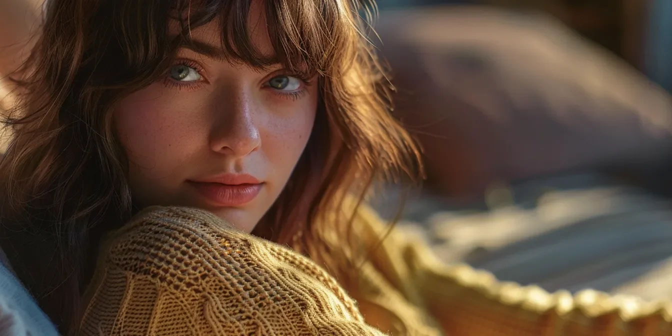 Create an image of a beautiful woman with medium length hair and bangs. The background should be a home environment with soft lighting. The background should be slightly out of focus and the main focus should be on the woman as she's looking at the camera.
