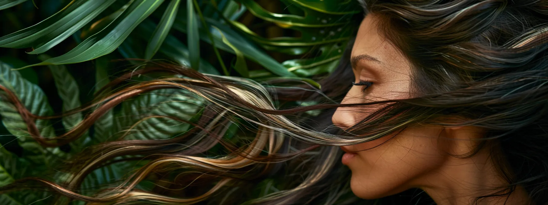 Healthy Hair Tips: The Best Essential Oils for Long, Vibrant Hair 5 a woman with long, vibrant hair flowing in the wind, surrounded by healthy, luscious greenery reflecting optimal hair health.