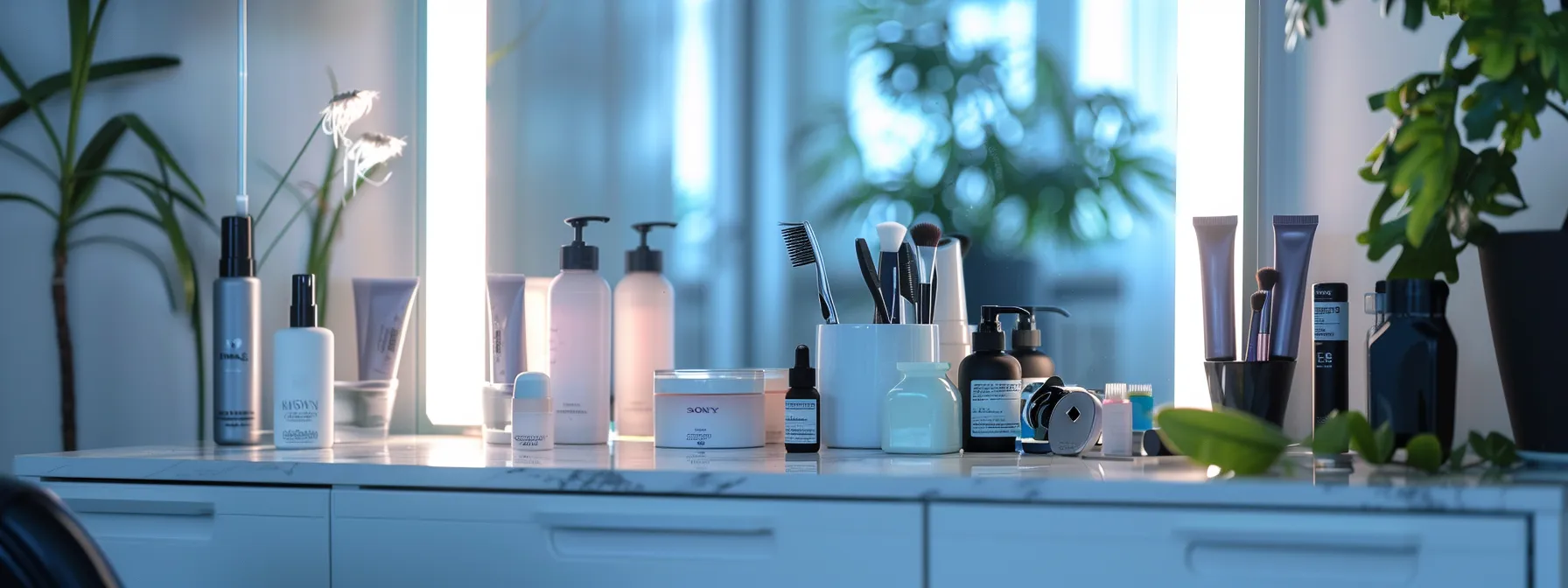 Effortless Short Hair Styling: Your Ultimate Guide 1 a sleek, styled bob showcasing various short hair styling tools and products on a clean, white vanity.