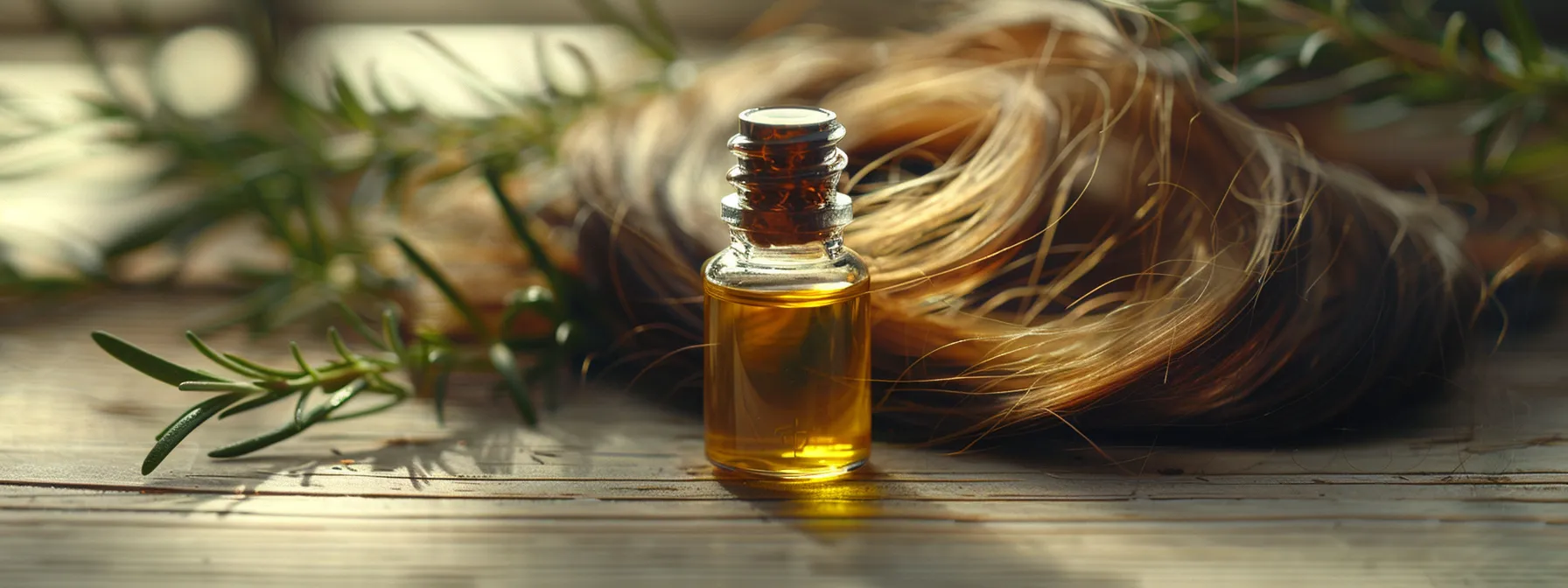 Healthy Hair Tips: The Best Essential Oils for Long, Vibrant Hair 2 a close-up shot of a bottle of rosemary essential oil, with lush, shiny strands of hair in the background, symbolizing the transformative power of essential oils for achieving long, vibrant locks.