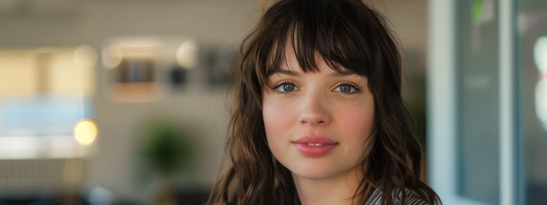 How to Trim Bangs at Home With Expert Precision 4 Create an image of a beautiful woman with medium length hair and bangs. The background should be a bathroom environment with soft lighting. The background should be slightly out of focus and the main focus should be on the woman's bangs as she's looking at the camera.
