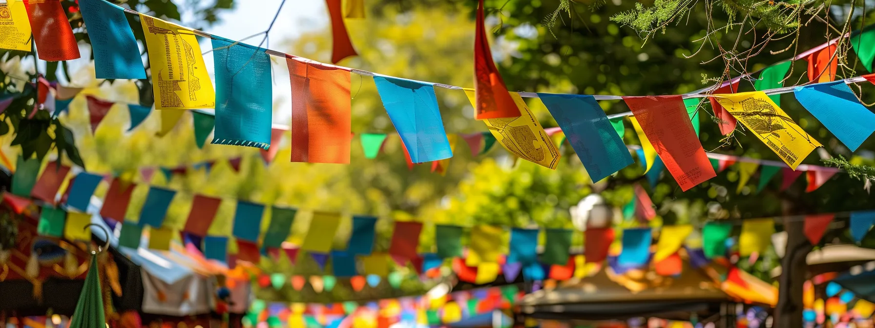 Your Guide to Iconic Cultural Events In North Dallas 6 colorful flags fluttering in the breeze above a bustling marketplace filled with diverse food stalls, traditional music and dance performances, and vibrant cultural exhibits at the annual cultural fair in north dallas.