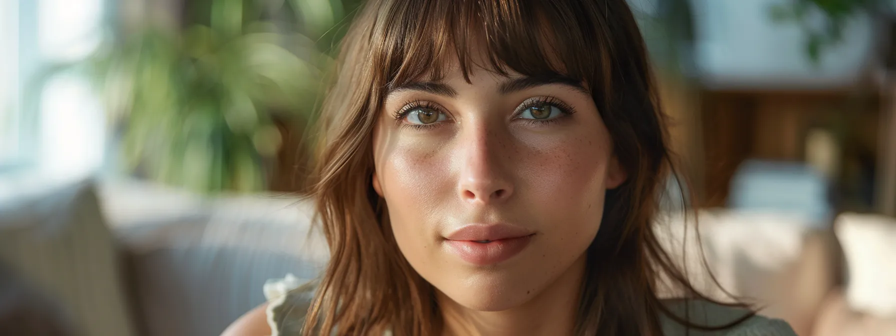 How to Trim Bangs at Home With Expert Precision 1 Create an image of a beautiful woman with medium length hair and bangs. The background should be a home environment with soft lighting. The background should be slightly out of focus and the main focus should be on the woman as she's looking at the camera.