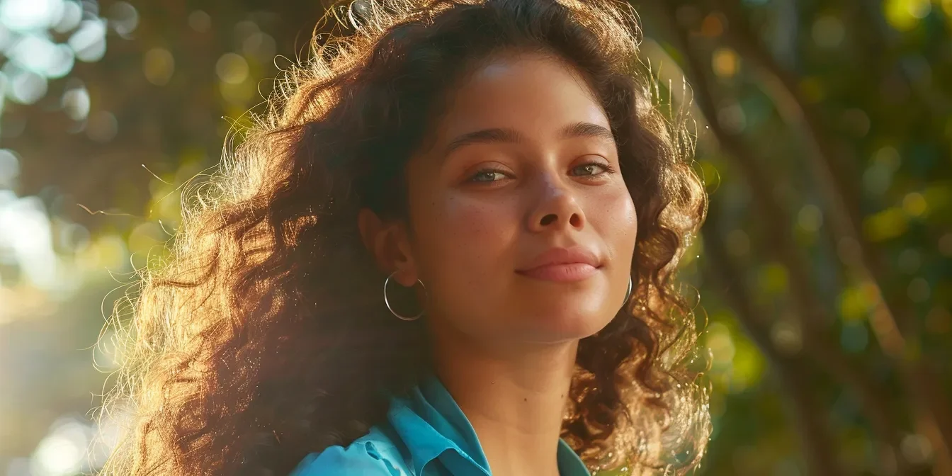 A young woman with voluminous, curly hair gently smiles in a sunlit, outdoor setting, her curls highlighted by the warm glow of the sun behind her. She is wearing a turquoise blouse, and her serene expression conveys a sense of calm and confidence amidst a backdrop of lush greenery.
