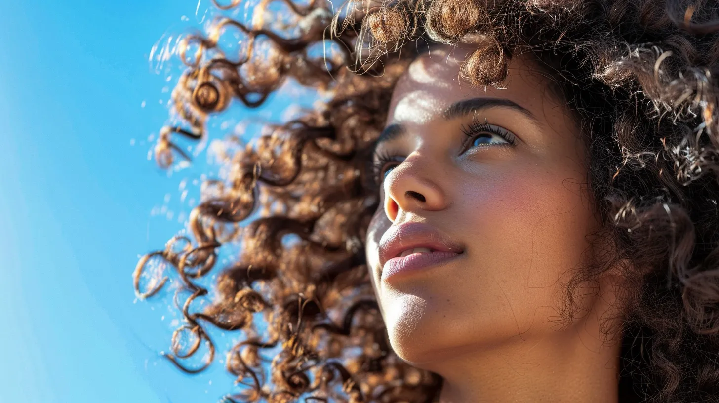 Curly Hair Styling Tips: Mastering Effortless Looks 4 a sparkling, defined curl glistening under a clear blue sky, free of frizz and full of shine.