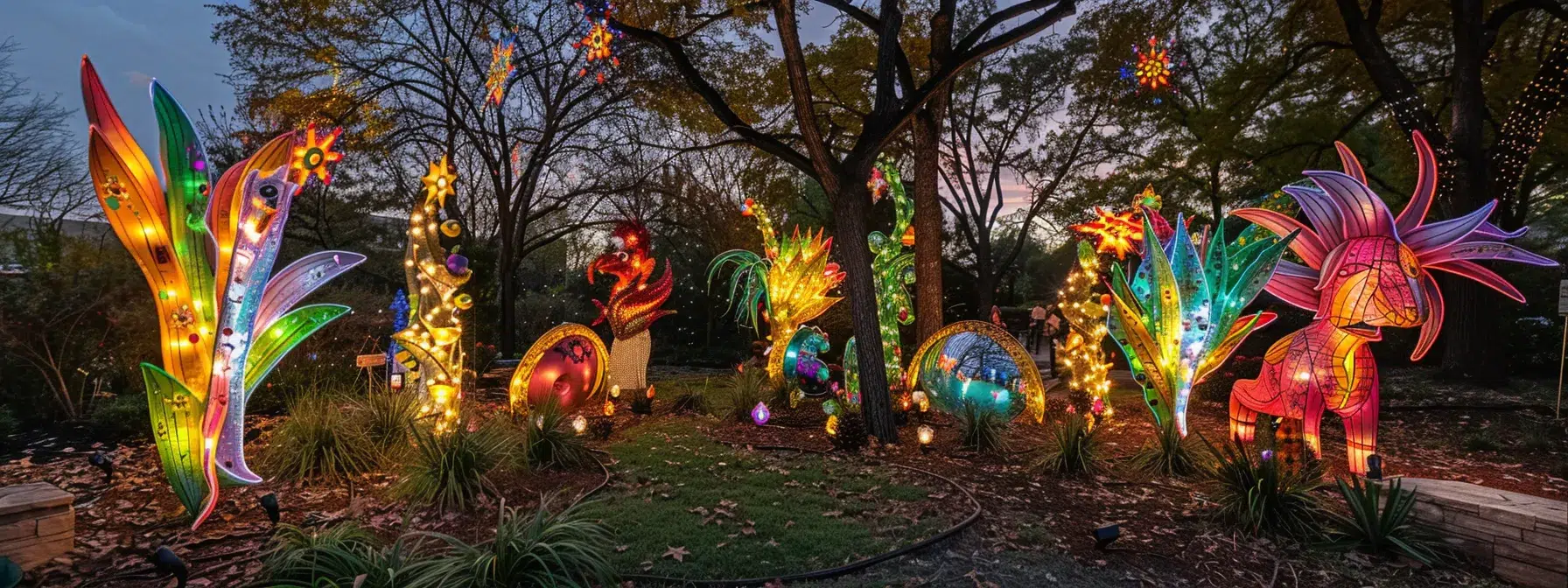 Your Guide to Iconic Cultural Events In North Dallas 2 vibrant christmas-themed sculptures fill a garden-like setting at the annual art walk in north dallas.