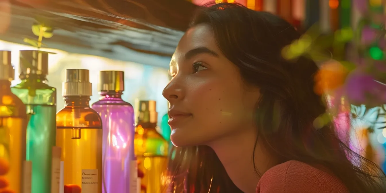 A woman in a cozy sweater gazes thoughtfully at a shelf of vibrant, colorful essential oil bottles in a warmly lit store, surrounded by plants that add a natural touch to the scene. The image captures a moment of calm and curiosity, emphasizing the beauty and variety of the essential oils in the background.