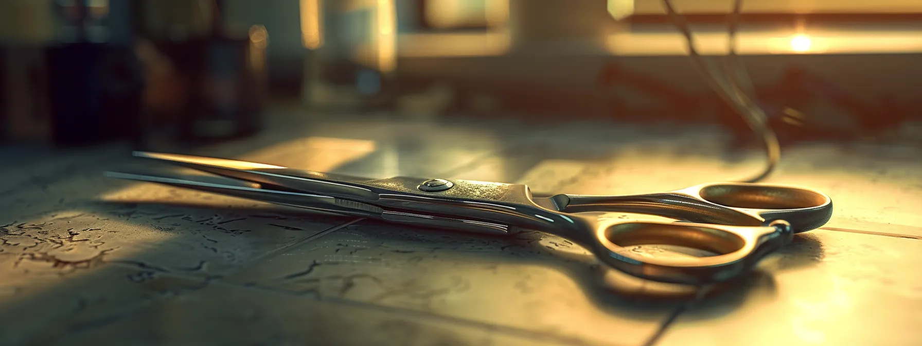 How to Trim Bangs at Home With Expert Precision 2 Create a close-up image of a pair of hair cutting scissors that a stylist would use to trim hair. The scissors should be on a bathroom counter. The lighting should be soft and the focal point should be on the scissors.