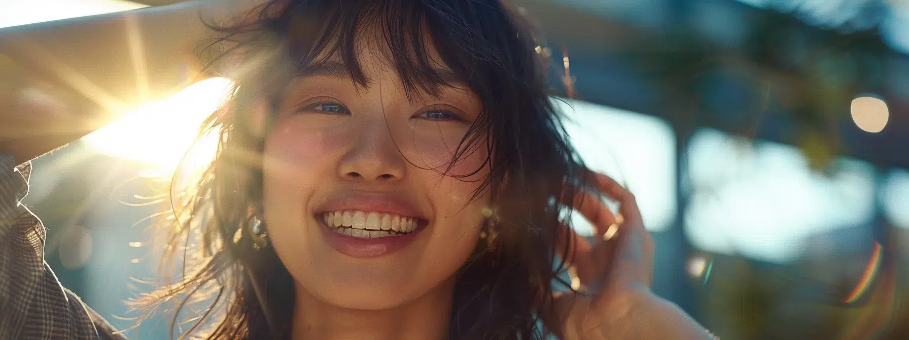 How to Trim Bangs at Home With Expert Precision 6 a woman with flawless, freshly trimmed bangs smiling confidently as she runs her fingers through them.