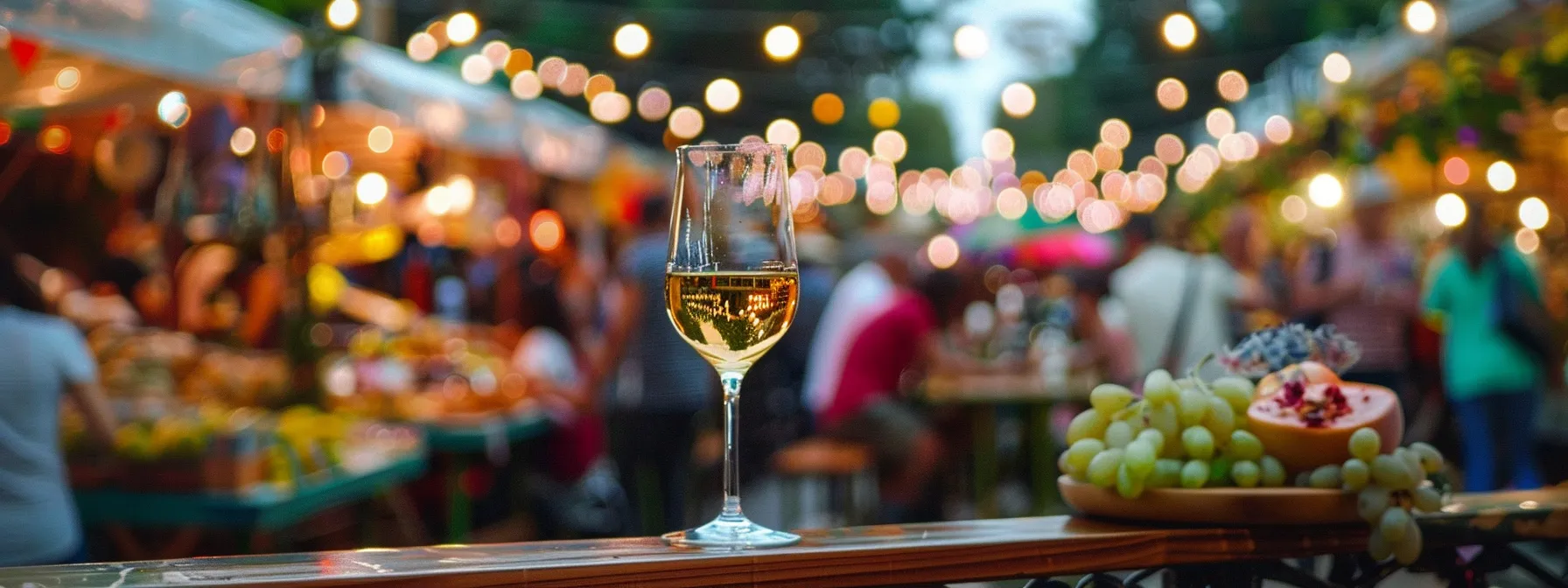 Your Guide to Iconic Cultural Events In North Dallas 4 a vibrant festival scene with colorful food stalls, bustling crowds, and wine glasses clinking in the background.