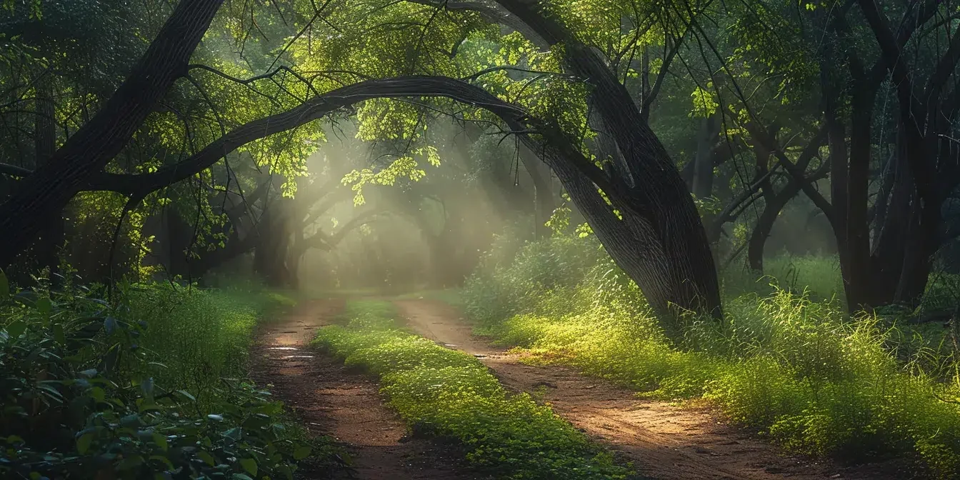 lush green forest path in north dallas, with sunlight streaming through the canopy.