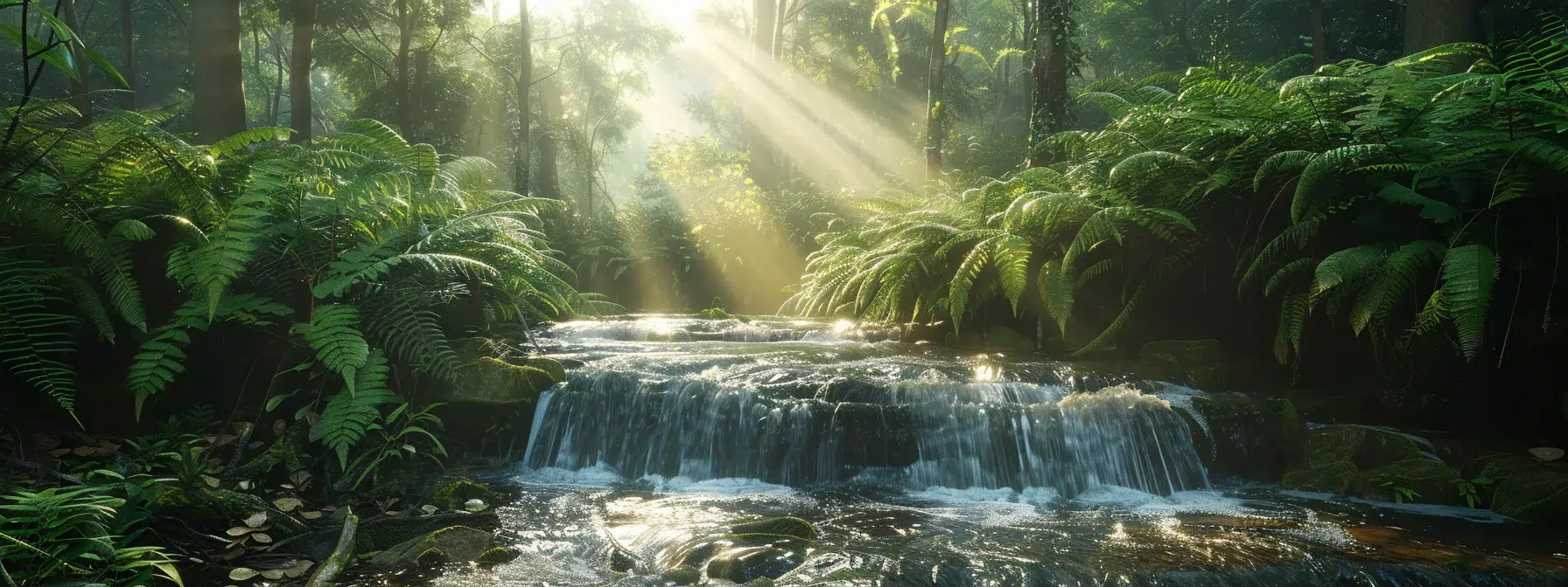 Unveiling Secret Hiking Trails in North Dallas 4 a picturesque creek meandering through a lush forest, with sunlight filtering through the canopy and highlighting the crystal-clear water.