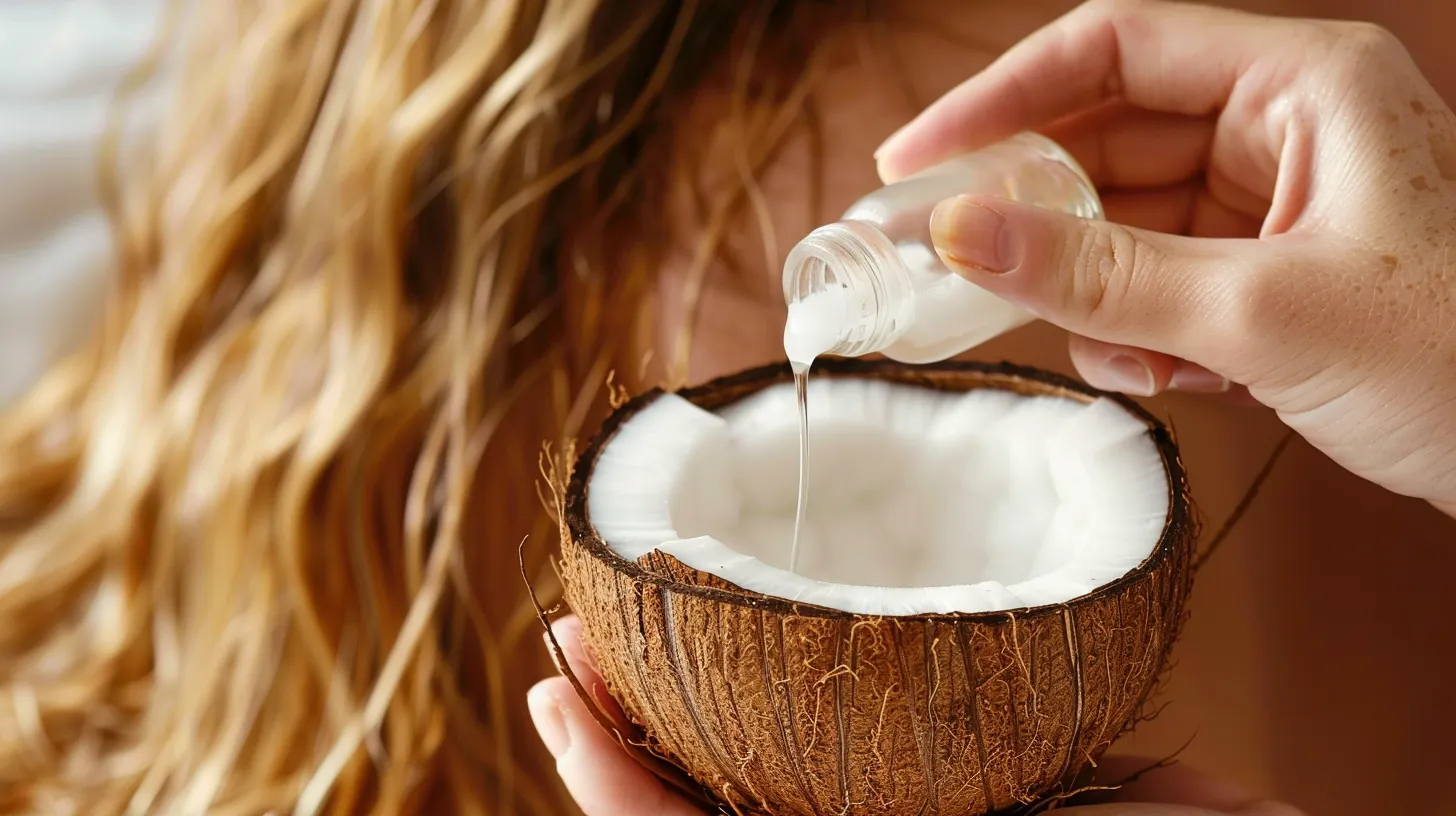How to Prevent Split Ends in Long Hair Without Sacrificing Length 3 a woman with long, blonde hair applying coconut oil, protecting her hair from environmental stressors and chemical exposure.
