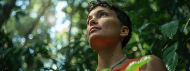 a confident woman with a vibrant, edgy pixie cut surrounded by a lush green forest backdrop.