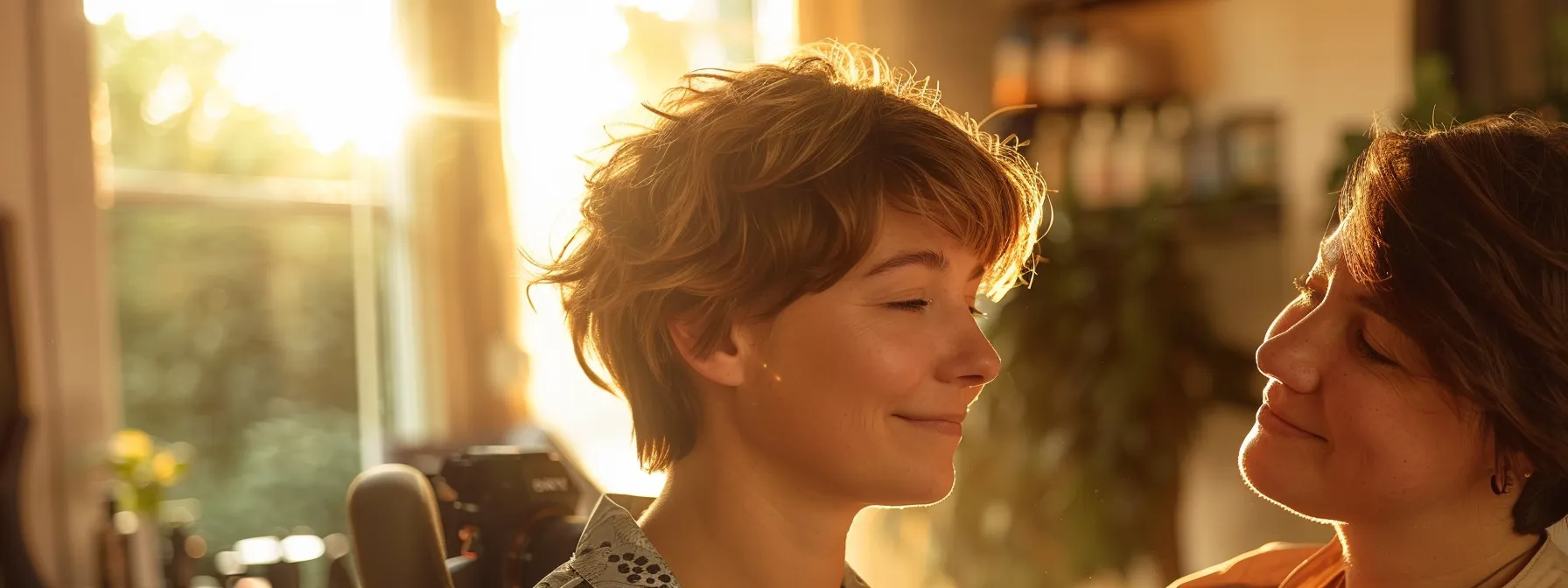 Ultimate Guide to a Flattering Pixie Cut for Thick Hair 3 a stylist carefully selecting a sleek, nape-hugging pixie cut for a woman with thick, wavy hair to enhance her round face shape.