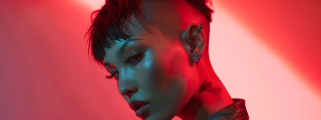 a confident woman with a stylish fade haircut and edgy undercut, showcasing a bold and modern look.