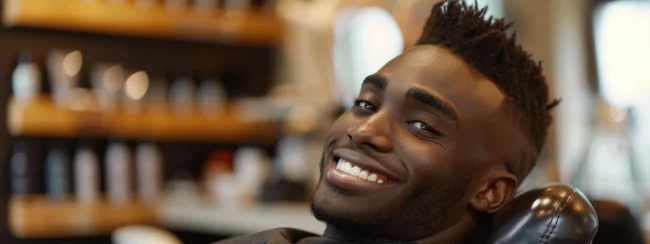 a black man with a fade haircut sitting in a salon chair smiling at the camera showing he's happy with his faded hair style