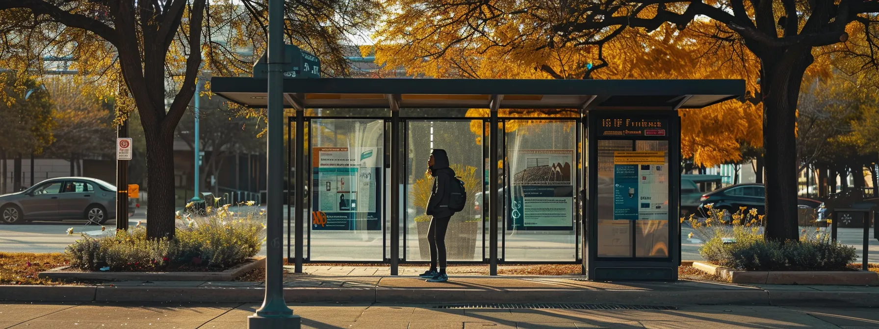 a person confidently approaching a north dallas bus stop, looking up at the schedule with a helpful customer service number displayed prominently. a person confidently approaching a north dallas bus stop, looking up at the schedule with a helpful customer service number displayed prominently.