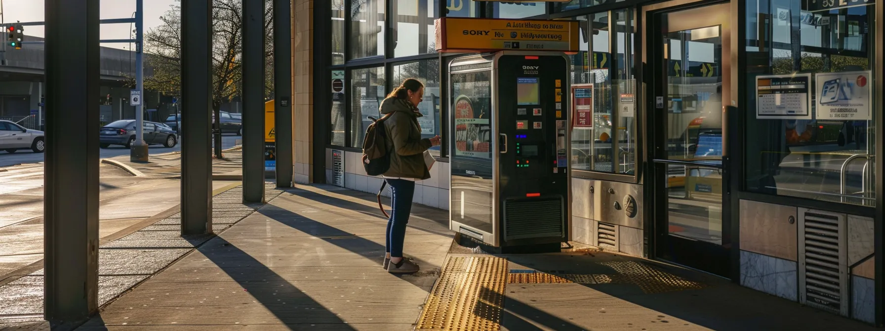 a person confidently purchasing a bus ticket from a modern ticket machine in front of a north dallas bus station. a person confidently purchasing a bus ticket from a modern ticket machine in front of a north dallas bus station.