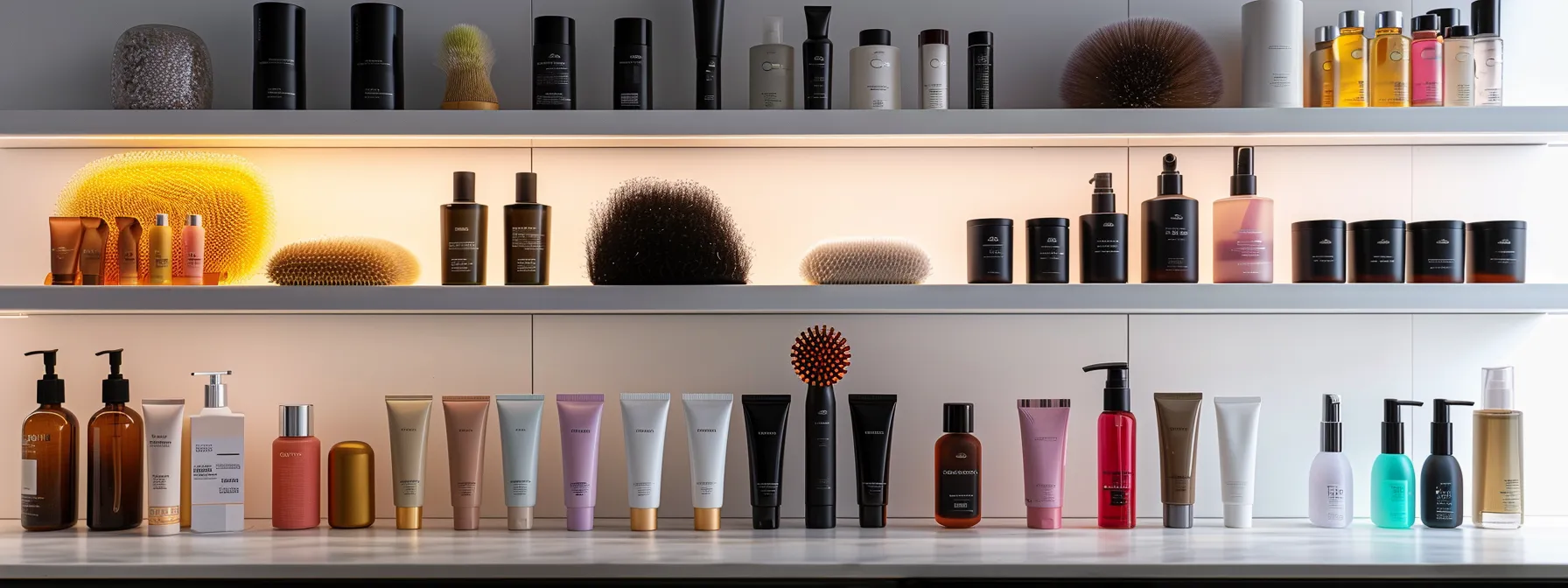 Ultimate Guide to the Best Products for Short Hair Care 2 a photo of a collection of assorted hair products tailored for different hair types, including brushes, creams, and skin care items, displayed neatly on a sleek white vanity.