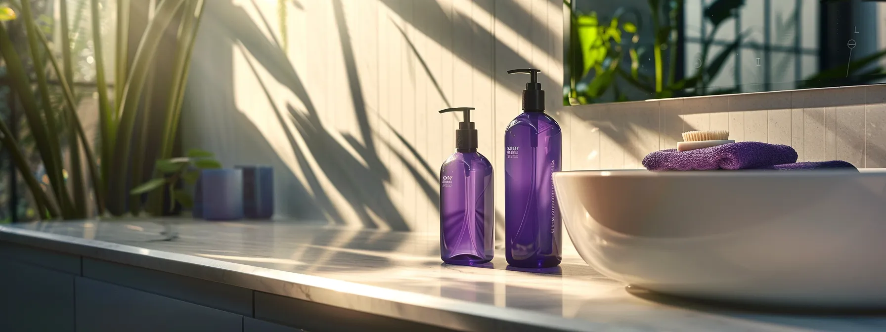 Ultimate Guide to the Best Products for Short Hair Care 3 a sleek bottle of volumizing shampoo with a vibrant purple label next to a lightweight conditioner in a minimalist, modern bathroom setting.
