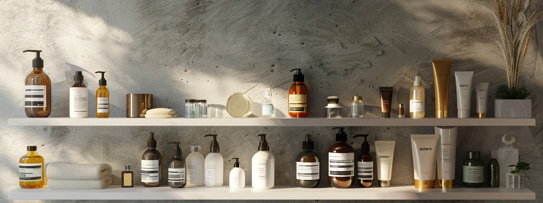 Ultimate Guide to the Best Products for Short Hair Care 8 a sleek, minimalist bathroom shelf lined with various bottles and tubes of short hair care products.