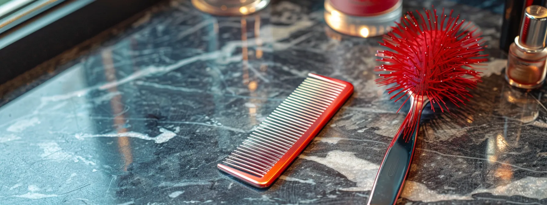 Ultimate Guide to the Best Products for Short Hair Care 5 a sleek silver comb and vibrant red brush resting on a stylish marble countertop, ready for styling short hair at the color studio & salon.