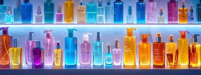 a vibrant display of colorful bottles and jars showcasing the best products for short hair care.