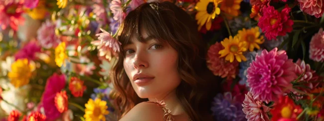 a woman with flowing, layered hair and stylish bangs confidently poses against a backdrop of vibrant flowers.