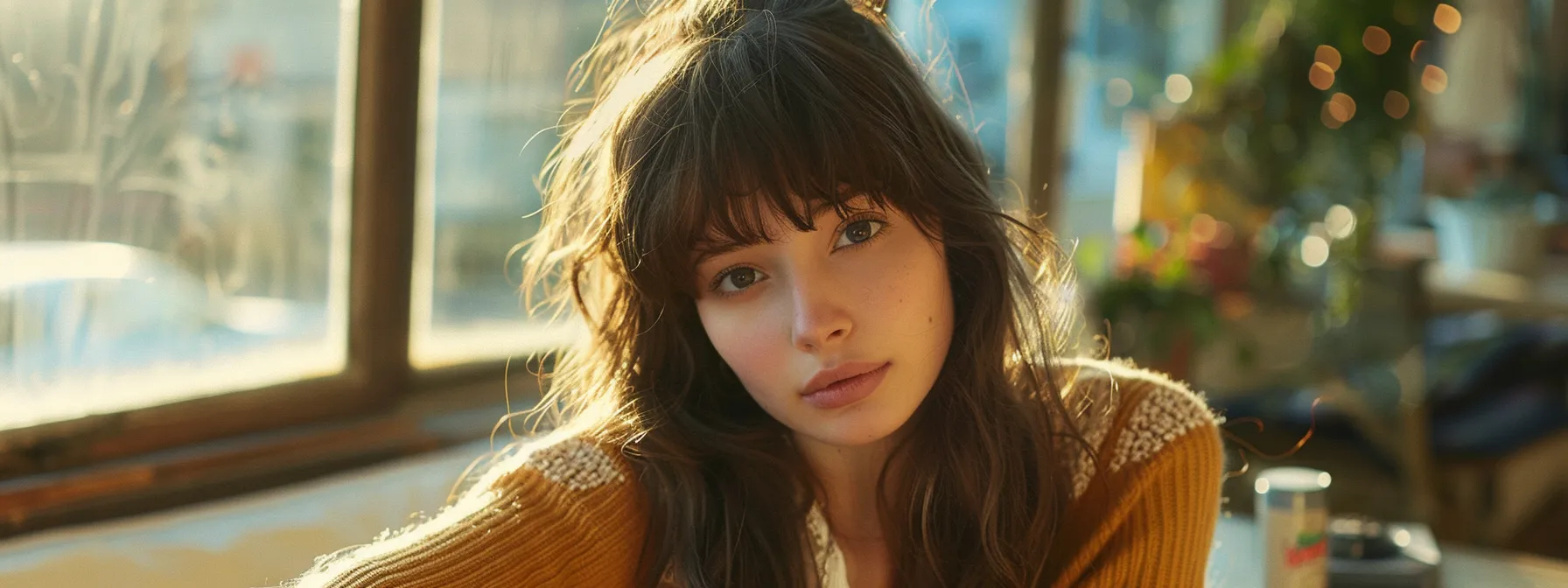 Stylish Long Haircuts with Bangs and Layers for a Trendy Look! 4 a woman with long hair featuring bangs and layers, effortlessly styled in loose waves with a touch of elegant accessories.