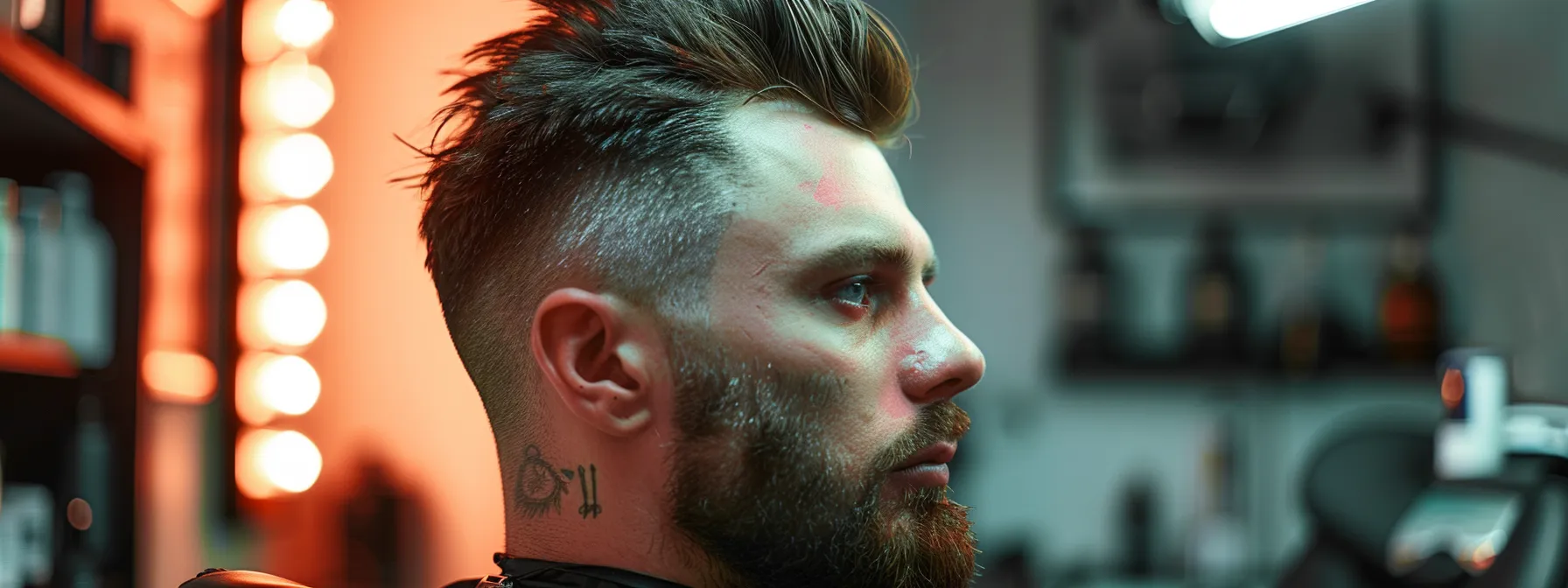 How to Select the Ideal Undercut Hairstyle for Men 1 a man with a sharp undercut hairstyle, styled with precision and confidence, complemented by a well-groomed beard and a set of hair clippers in the background.