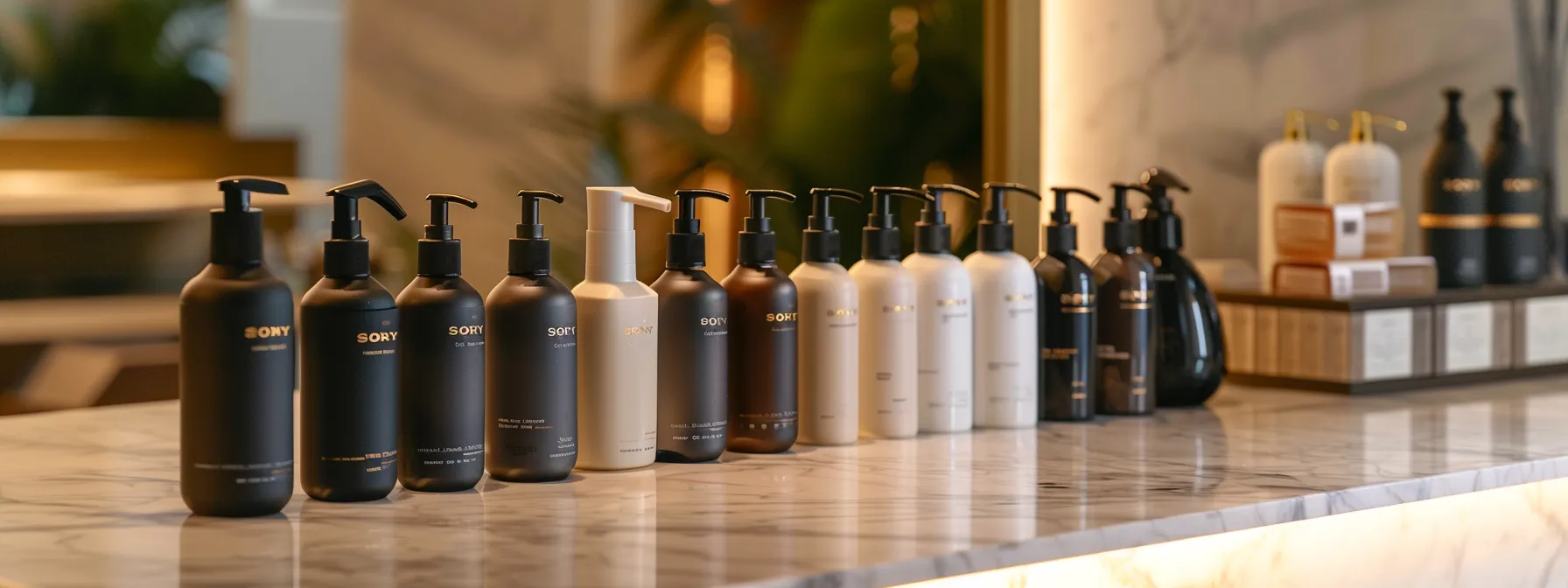 Mastering Fade Haircut Maintenance: A Comprehensive Guide 6 a sleek lineup of carefully selected hair products neatly arranged on a marble countertop, ready for fade maintenance.