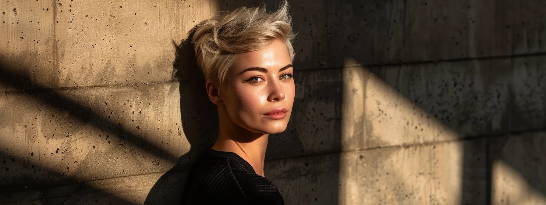 Ultimate Guide to a Flattering Pixie Cut for Thick Hair 2 a confident woman with a platinum pompadour pixie cut, showcasing her enhanced natural volume and texture while emphasizing her facial features.