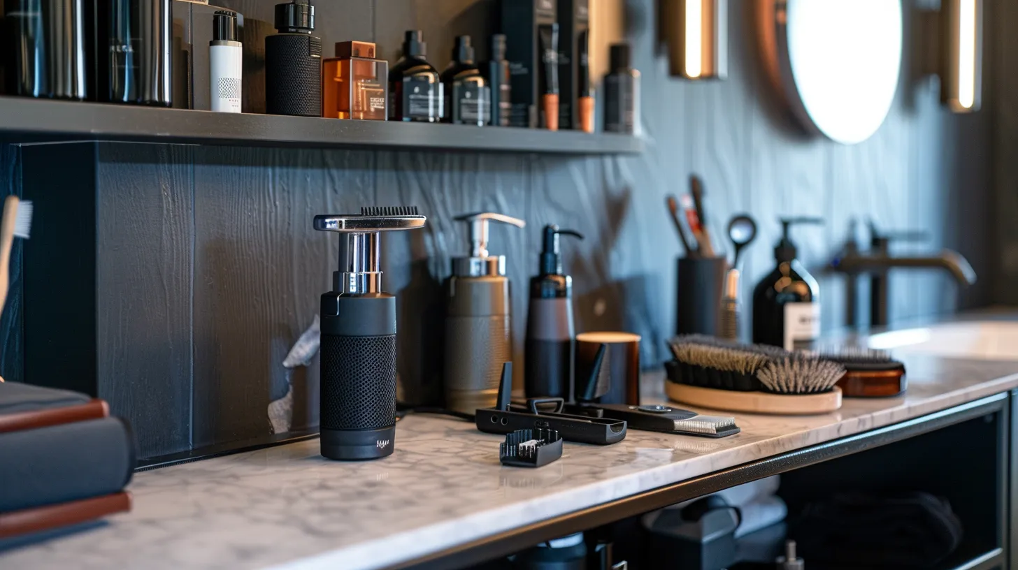 Mastering Fade Haircut Maintenance: A Comprehensive Guide 3 a sleek collection of high-quality hair clippers and grooming accessories neatly displayed on a clean, well-organized vanity.