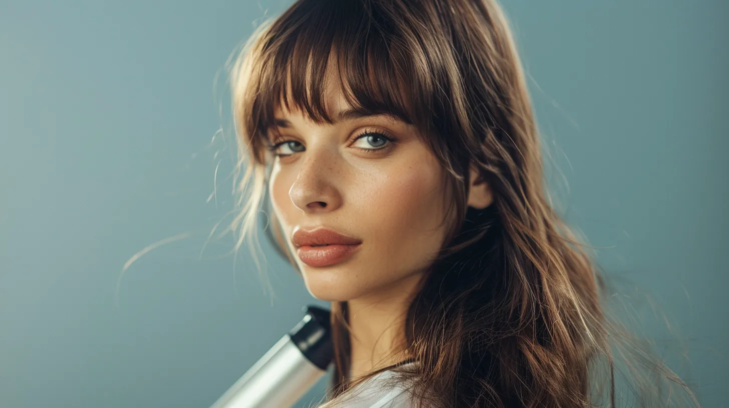 Stylish Long Haircuts with Bangs and Layers for a Trendy Look! 5 a woman with long, layered hair and bangs, using heat protectant spray before styling her hair with a flat iron.