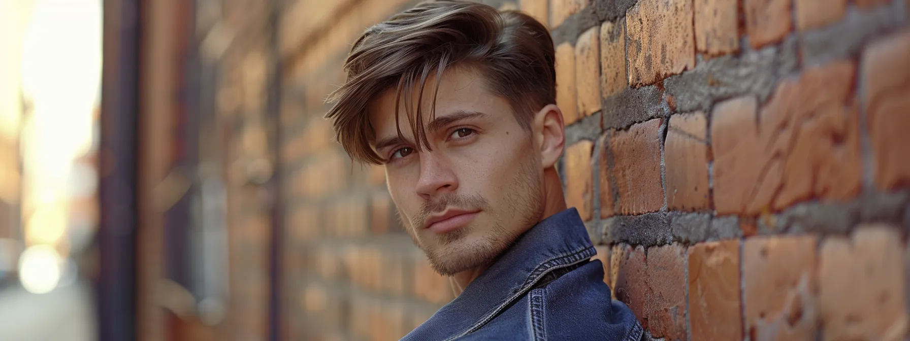 The Latest Trends in Men's Layered Haircuts 5 a man with a layered hair cut looking at the camera while leaning against a brick wall in a city street scene. The background slightly out of focus so he and his hair are the main focal point.