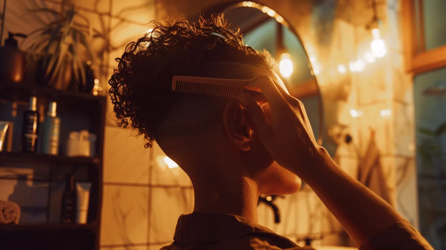 How to Select the Ideal Undercut Hairstyle for Men 6 a person in a well-lit bathroom, using a comb and pomade to style their slick and sharp undercut hairstyle.