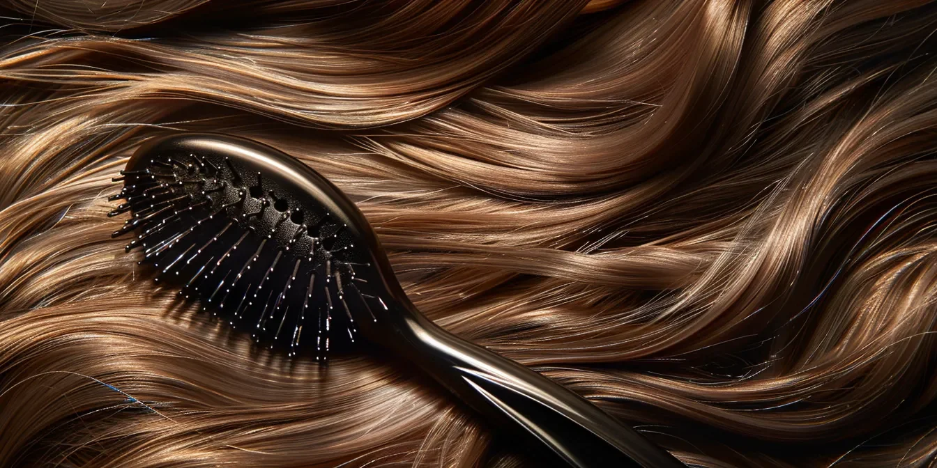 a sleek, elegant hairbrush with long, soft bristles against a backdrop of shiny, flowing long hair.