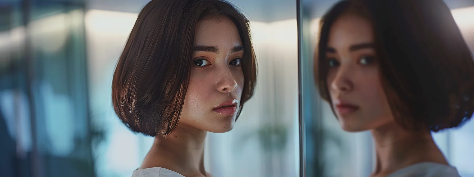 a woman with sleek, perfectly styled layered hair standing in front of a mirror admiring her fresh cut. a woman with sleek, perfectly styled layered hair standing in front of a mirror admiring her fresh cut.
